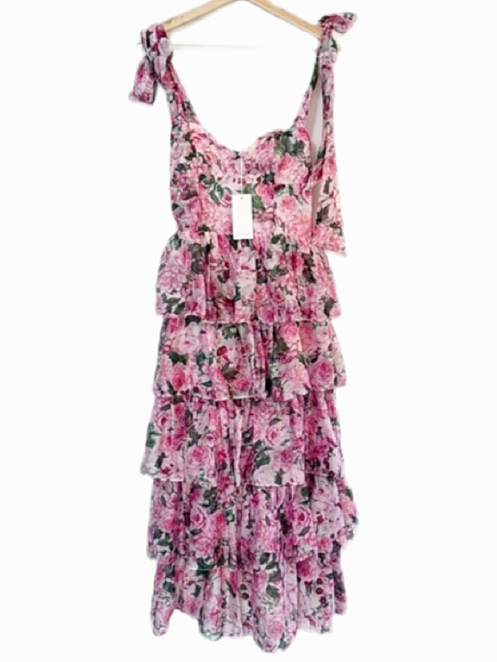 Sofie the Label Pink Floral Tiered Ruffle Midi Dress Bustier Bodice NWT Sz S - Picture 7 of 10